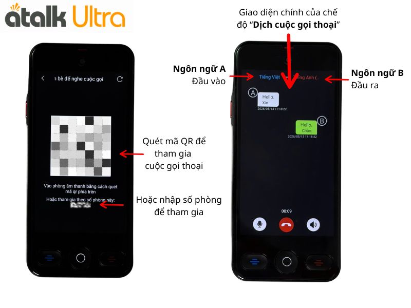 Kết Nối Máy Phiên Dịch ATalk Ultra Với Điện Thoại Thông Qua Mã QR Trên Tính Năng Dịch Cuộc Gọi Thoại